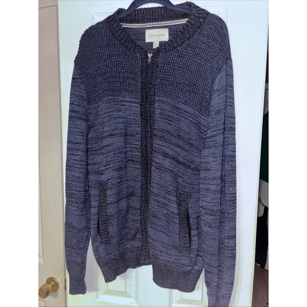 Sun + Stone Men's XXL Decker Cotton Cardigan Sweater Navy Zip Grandpa Pockets